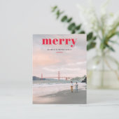 Eenvoudige Merry Red Overlay One Photo Kerstmis Feestdagenkaart (Staand voorkant)