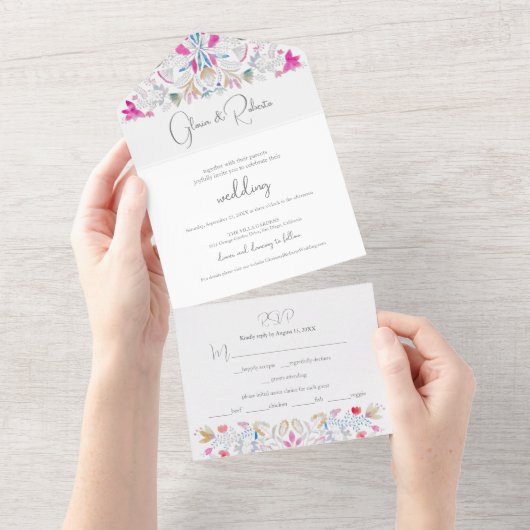 Eenvoudige Mexicaanse bruiloft Boho Bloemen All In One Uitnodiging (Afscheurbaar)