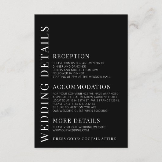 Eenvoudige milalist zwart bloemenbruiloft details informatiekaartje (Voorkant)