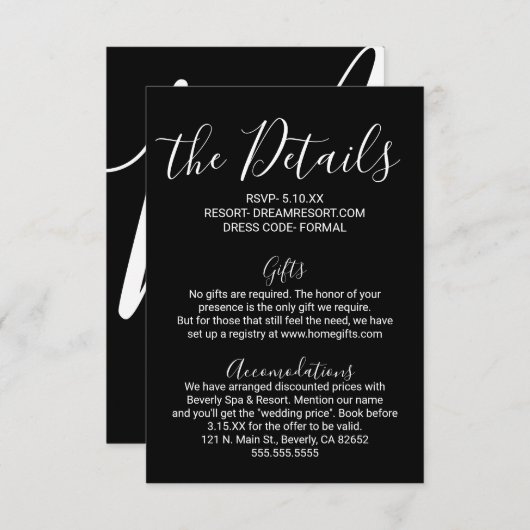 Eenvoudige Minimal Black White Wedding Details Informatiekaartje (Voorkant / Achterkant)