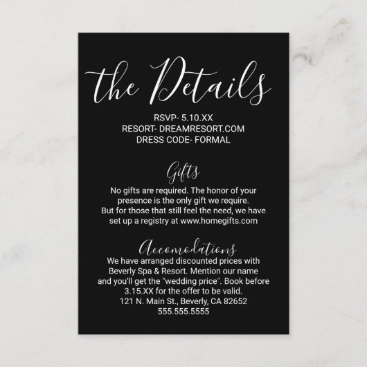 Eenvoudige Minimal Black White Wedding Details Informatiekaartje (Voorkant)