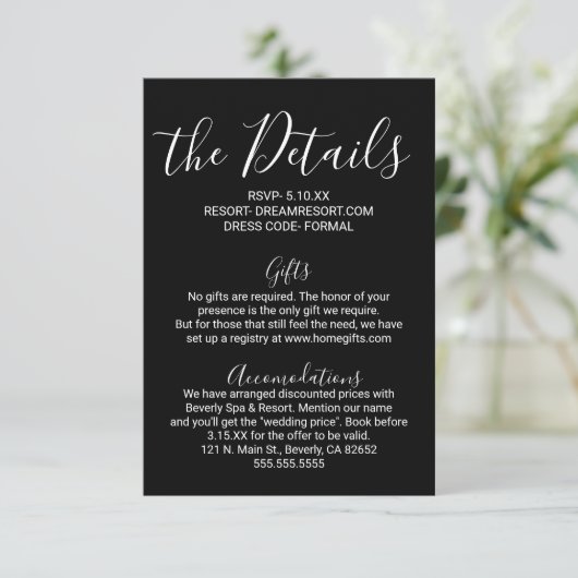 Eenvoudige Minimal Black White Wedding Details Informatiekaartje (Staand voorkant)