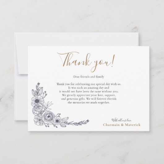 Eenvoudige Minimal Floral Zwart-wit bruiloft Bedankkaart (Voorkant)