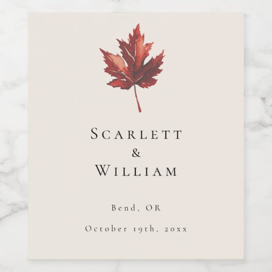 Eenvoudige Minimal Herfst Leaf Cream Bruiloft Wijn Etiket (Enkel label)