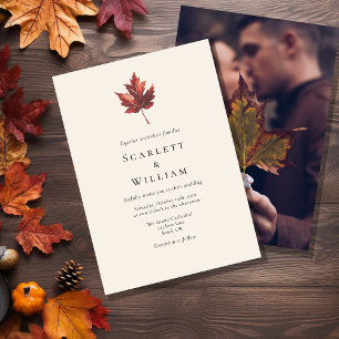 Eenvoudige Minimal Herfst Leaf Cream Foto Bruiloft Kaart