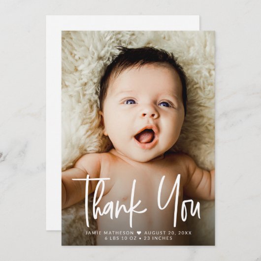 Eenvoudige minimale Baby Foto dank u script Hart Bedankkaart (Voorkant / Achterkant)