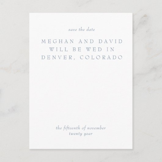 Eenvoudige minimale blauwe standaard opslagdatum aankondigingskaart (Voorkant)