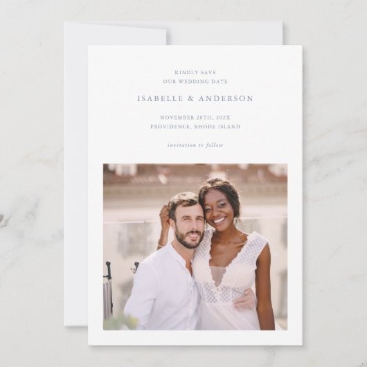 Eenvoudige minimale blauwe twee foto bruiloft save the date (Voorkant)