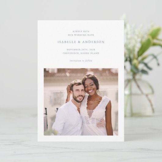 Eenvoudige minimale blauwe twee foto bruiloft save the date (Staand voorkant)