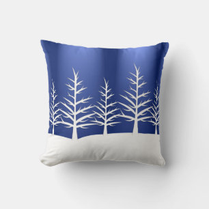 Eenvoudige minimale blauwe witte winter kerstboom kussen