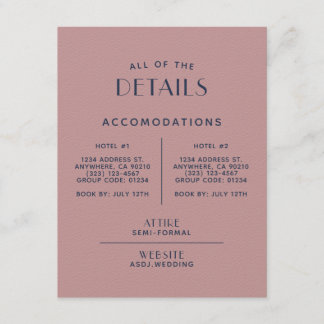 Eenvoudige minimale Blush Navy Wedding Detail-behu Informatiekaartje