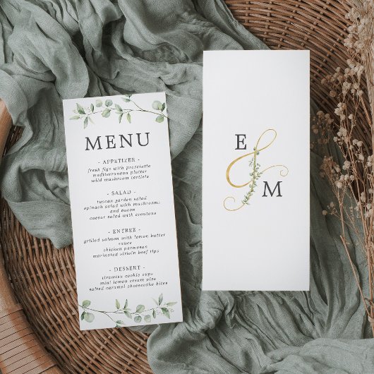 Eenvoudige minimale botanische eucalyptus bruiloft menu