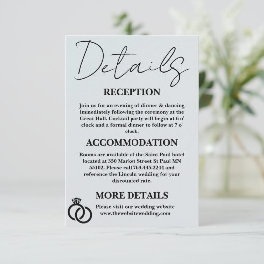 Eenvoudige minimale bruiloft details behuizing Kaa Informatiekaartje (Staand voorkant)