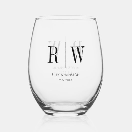 Eenvoudige Minimale Bruiloft Monogram Datum Custom Wijnglas Zonder Voet (Voorkant)