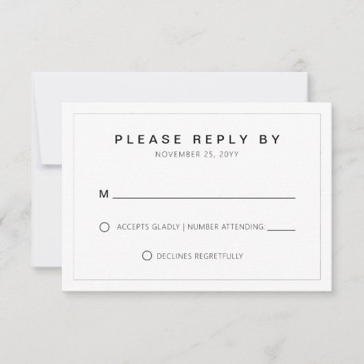 Eenvoudige minimale bruiloft typografie dunne gren RSVP kaartje (Voorkant)