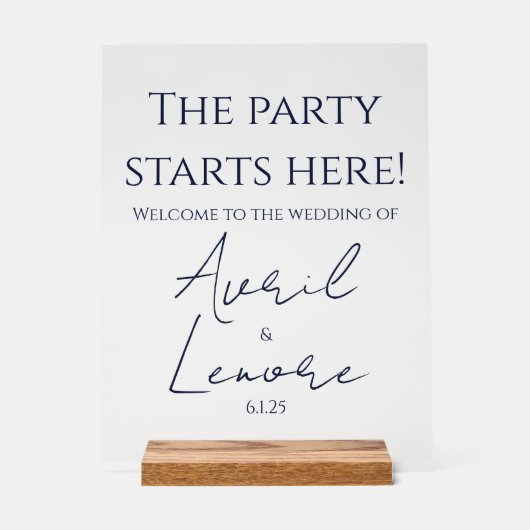 Eenvoudige minimale donkerblauwe tekst bruiloft acryl bord (Voorkant)