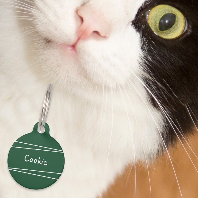 Eenvoudige minimale donkergroene gepersonaliseerde huisdierpenning (An ID tag for your pet cat, in dark green, with name on the front and your contact info on the back)