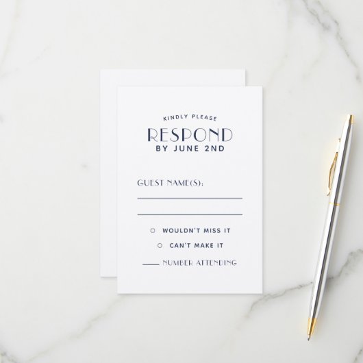 Eenvoudige, minimale Ecru Navy Wedding RSVP-Kaarte RSVP Kaartje (Voorkant / Achterkant in situ)