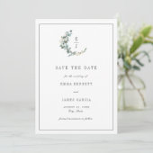 Eenvoudige Minimale Eucalyptus Krans Monogram Huwe Save The Date (Staand voorkant)