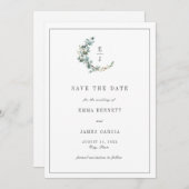 Eenvoudige minimale Eucalyptus Wreath Monogram Wed Save The Date (Voorkant / Achterkant)