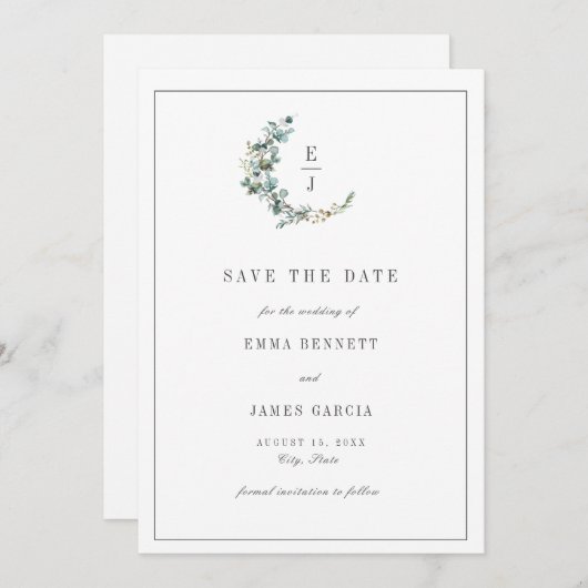 Eenvoudige minimale Eucalyptus Wreath Monogram Wed Save The Date (Voorkant / Achterkant)