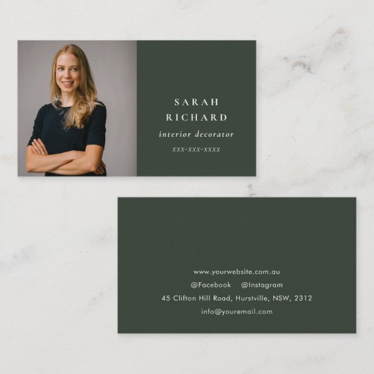 Eenvoudige minimale Forest Green Professional Foto Visitekaartje (Voorkant / Achterkant)