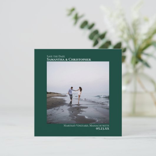 Eenvoudige minimale foto van Emerald Green Wedding Save The Date (Staand voorkant)