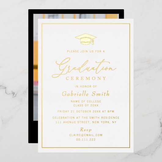 Eenvoudige minimale gouden folie afstuderen ceremo folie uitnodiging (Voorkant / Achterkant)
