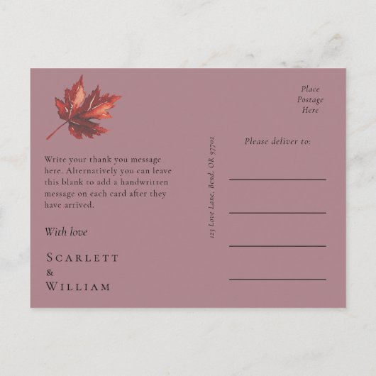 Eenvoudige minimale Herfst Leaf mauve bruiloft dan Briefkaart (Achterkant)