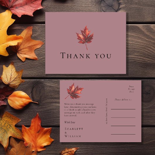 Eenvoudige minimale Herfst Leaf mauve bruiloft dan Briefkaart