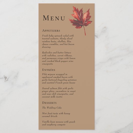 Eenvoudige minimale Herfst Leaf Terracotta bruilof Menu (Voorkant)