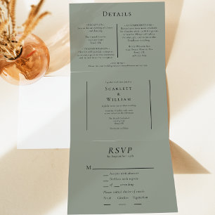 Eenvoudige minimale Herfst Sage Green Entree RSVP  Drieluik Uitnodiging