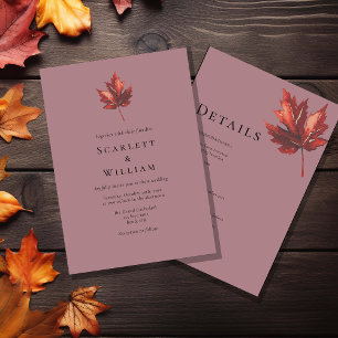 Eenvoudige Minimale Herfstblad Mauve Trouwdetails  Kaart