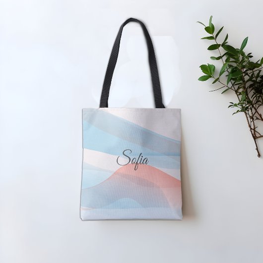 Eenvoudige minimale koraalblauwe golf met naam tote bag
