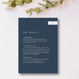 Eenvoudige minimale marine blauw monogram bruiloft informatiekaartje