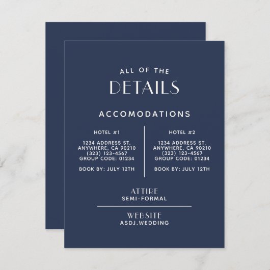 Eenvoudige minimale 'marine' Ecru Wedding Details  Informatiekaartje (Voorkant / Achterkant)