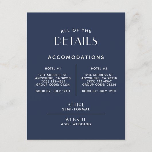 Eenvoudige minimale 'marine' Ecru Wedding Details  Informatiekaartje (Voorkant)
