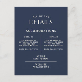 Eenvoudige minimale 'marine' Ecru Wedding Details Informatiekaartje