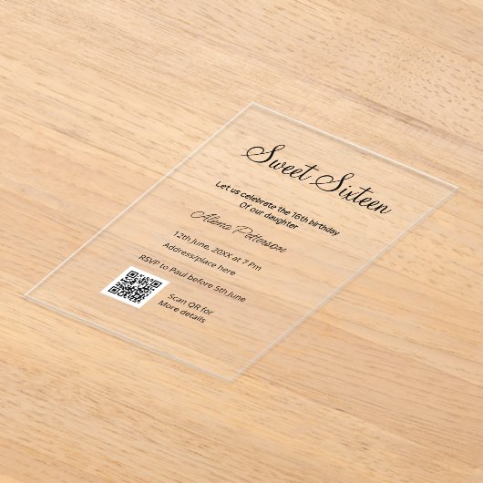 Eenvoudige minimale moderne QR Sweet zestien verja Acryl Uitnodigingen (Laagn)