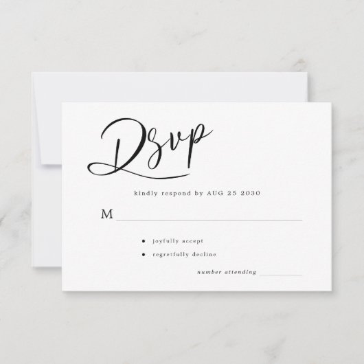 Eenvoudige, minimale, moderne scriptbruiloft RSVP kaartje (Voorkant)