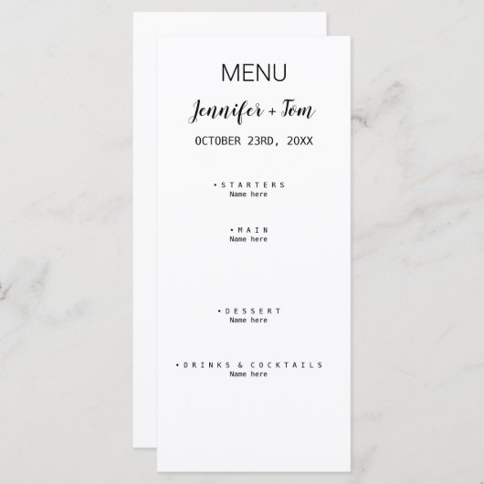 eenvoudige, minimale, moderne trouwmenukaart menu (Voorkant / Achterkant)