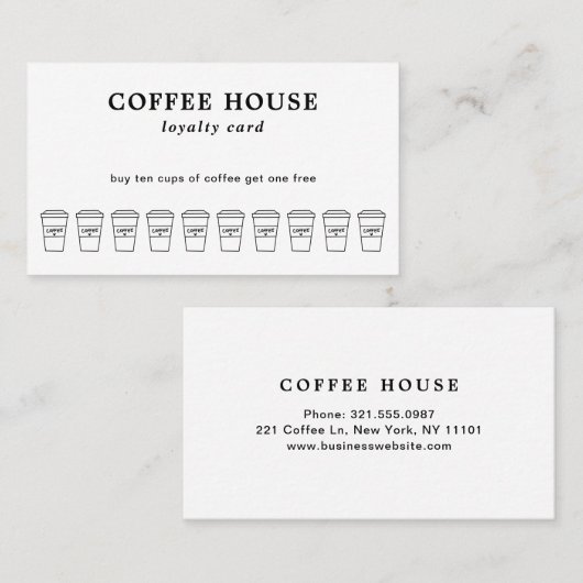 Eenvoudige, minimale, moderne zwarte koffiewinkel klantenkaartje (Voorkant / Achterkant)
