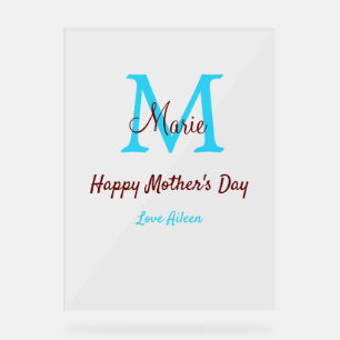Eenvoudige Minimale moederdag Blauw Monogram Roze  Acryl Bord