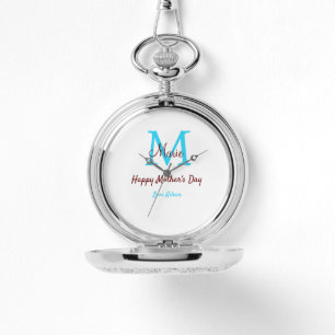 Eenvoudige Minimale moederdag Blauw Monogram Roze  Horloge