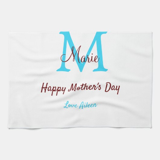 Eenvoudige Minimale moederdag Blauw Monogram Roze  Theedoek (Horizontaal)