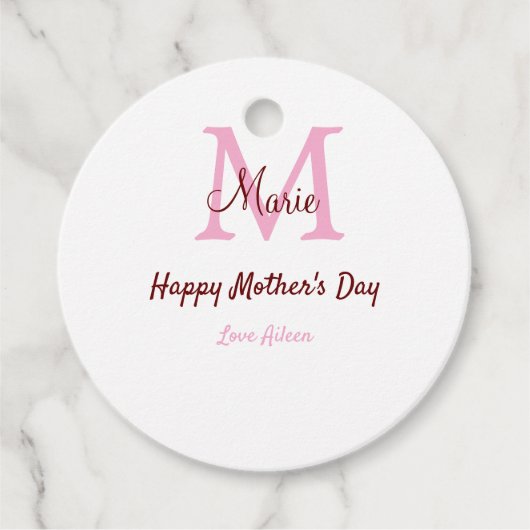 Eenvoudige Minimale moederdag monogram Roze Naam T Bedankjes Labels (Voorkant)