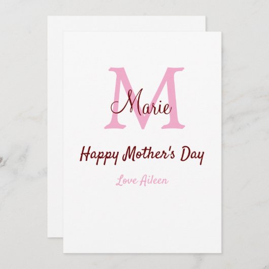 Eenvoudige Minimale moederdag monogram Roze Naam T Feestdagenkaart (Voorkant / Achterkant)