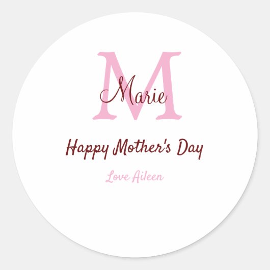Eenvoudige Minimale moederdag monogram Roze Naam T Ronde Sticker (Voorkant)