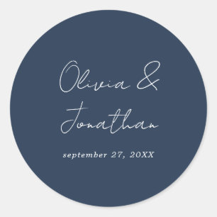Eenvoudige Minimale Navy Blauwe Script Trouw Ronde Sticker