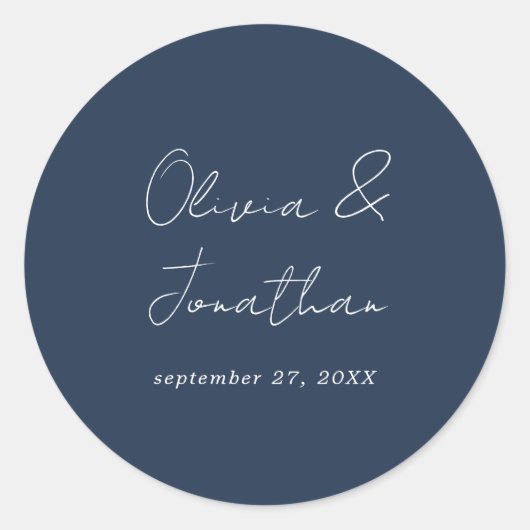 Eenvoudige Minimale Navy Blauwe Script Trouw Ronde Sticker (Voorkant)